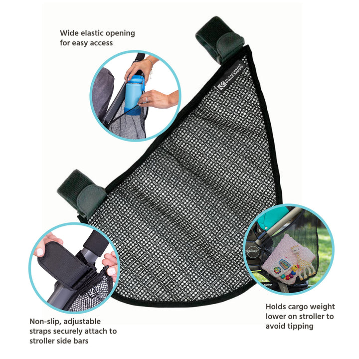 J.L. Childress Side Sling, Universal Fit Stroller Mesh Cargo Net and Organizer, Extra Stroller Storage Space, Non-Slip and Adjustable Straps, Black