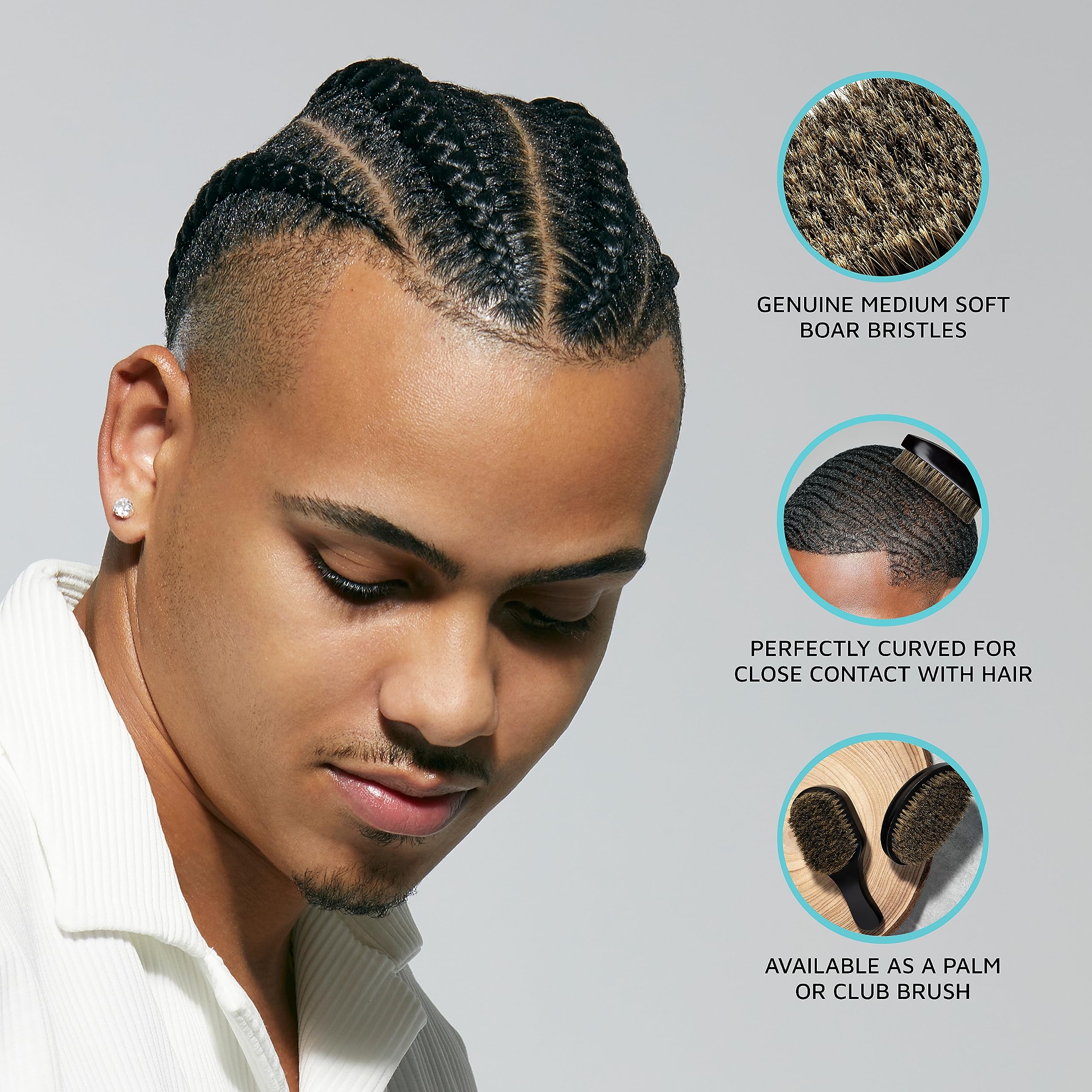 KISS COLORS & CARE 360° Power Wave Palm Brush - Medium Soft, Curved Handle, High-Density Boar Bristles for Deep Waves, Shed-Free Grip