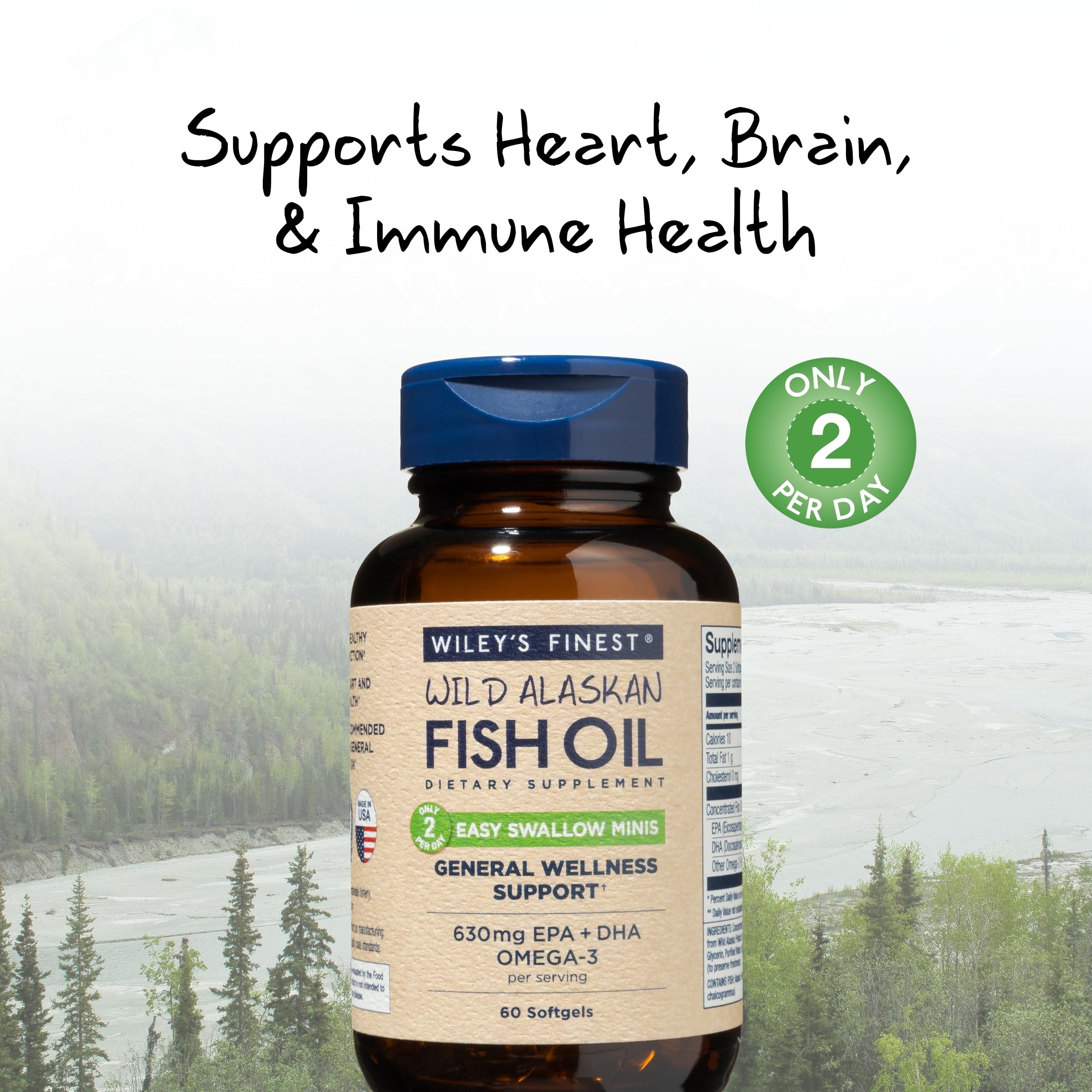 Wiley's Finest Wild Alaskan Fish Oil Easy Swallow Minis - Omega-3 Fish Oil Supplement for Adults and Kids - Double-Strength 630mg EPA and DHA Natural Supplement - 60 Mini Softgels (30 Servings)