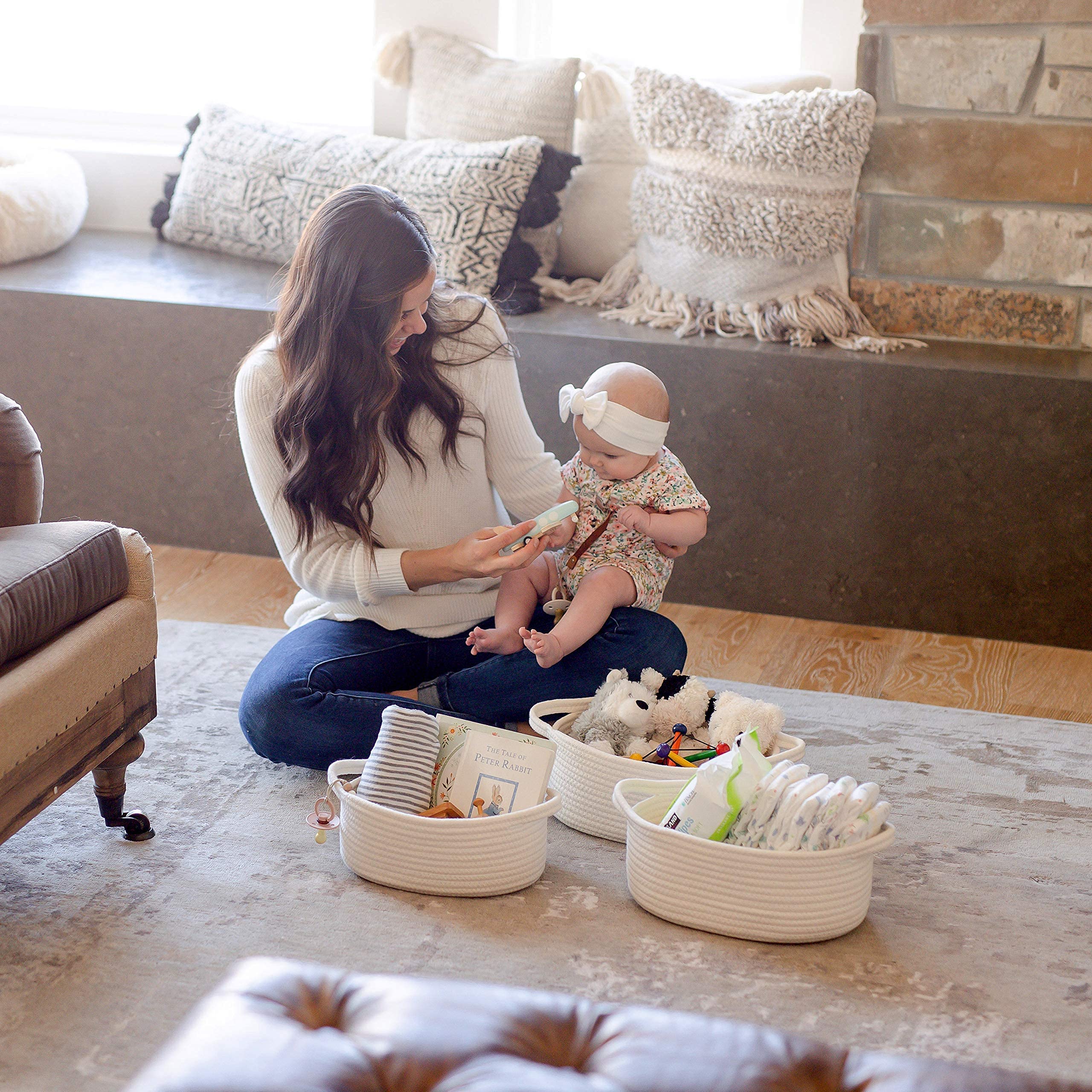 NaturalCozy 3-Piece Oval Storage Basket Set– Soft Natural Rope Woven Baskets for Storage Shelf, Toy, Nursery, Gift, Baby Shower, Pets Cat Dog Bins, Kitchen | Small Basket for Organizing (Off White)