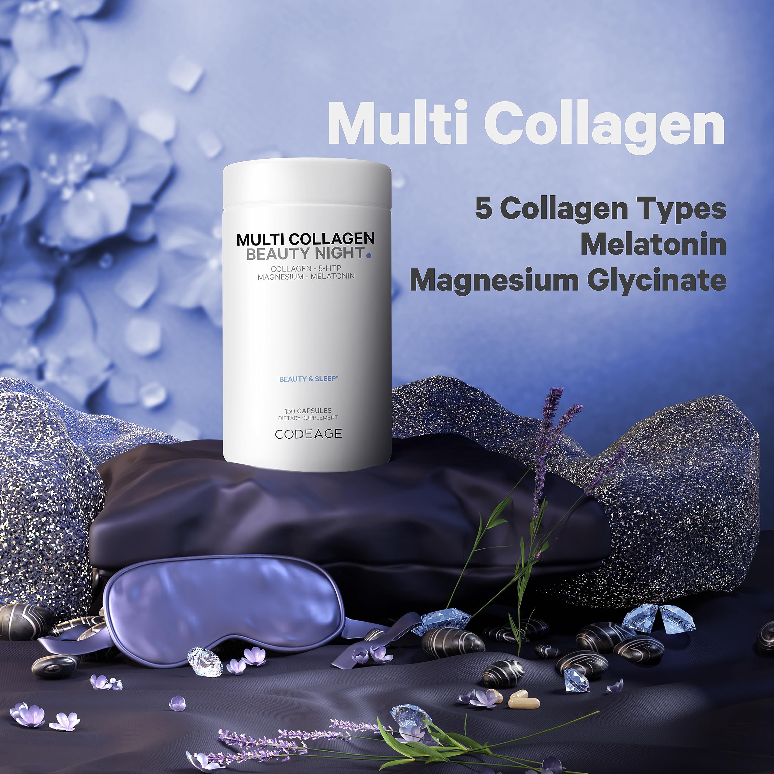 Codeage Multi Collagen Protein Beauty Night - Melatonin, Magnesium Bisglycinate, 5-HTP, L-Theanine, English Lavender Flower, Bone Broth - Vitamins - Supplement - Sleep Pills - Non-GMO - 150 Capsules