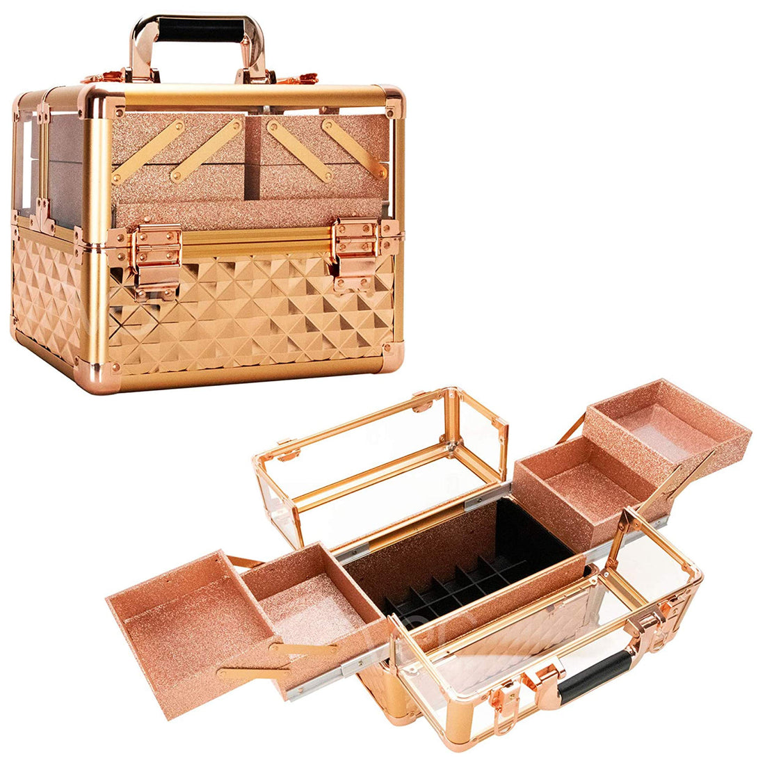 Ver Beauty 3.8mm armored acrylic makeup case jewelry portable travel organizer with 4 extendable trays clear cover micro-fiber cloth brush holders keylocks - vp017, Rose Gold Diamond