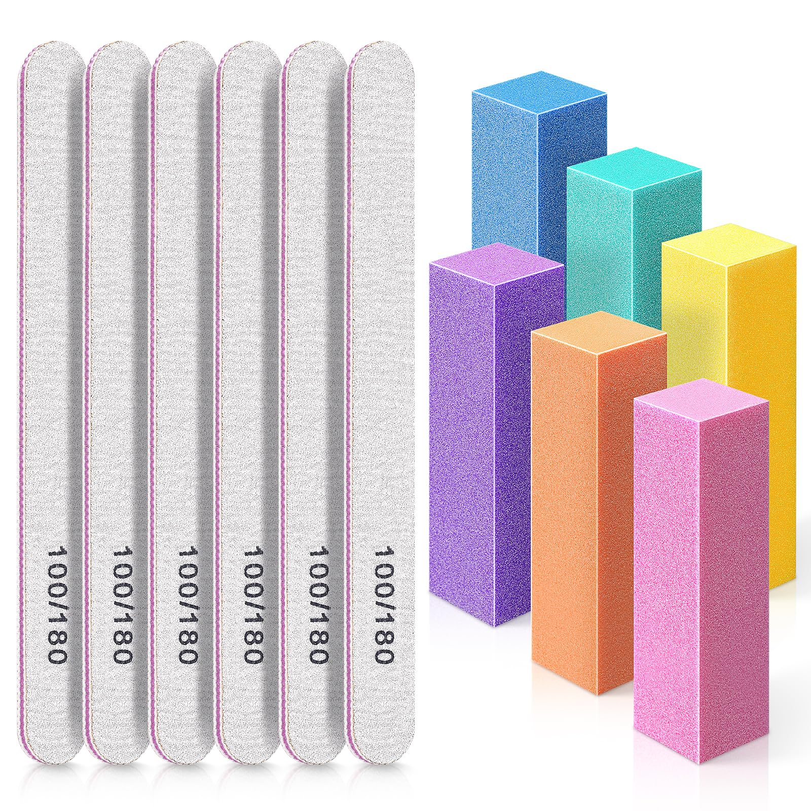 Nail Files and Buffer, TsMADDTs Professional Manicure Tools Kit Rectangular Art Care Buffer Block Tools 100 180 Grit 12PCS(White)