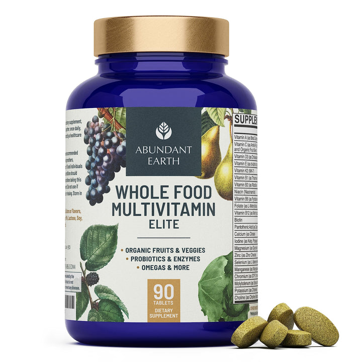 Abundant Earth Whole Food Multivitamin for Women, Daily Multi Vitamins Supplements for Men/Mens Multivitamins + B Complex, Probiotic Multi Enzyme, Omegas for Organic Energy, Mood, Digestion 90ct