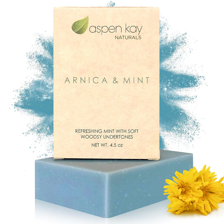 Aspen Kay Naturals Arnica and Mint soap, vegan, olive oil, shea butter, coconut oil, essential oils, palm oil, cold processed. for all skin types, sensitive skin, MADE IN THE USA (1 pack)