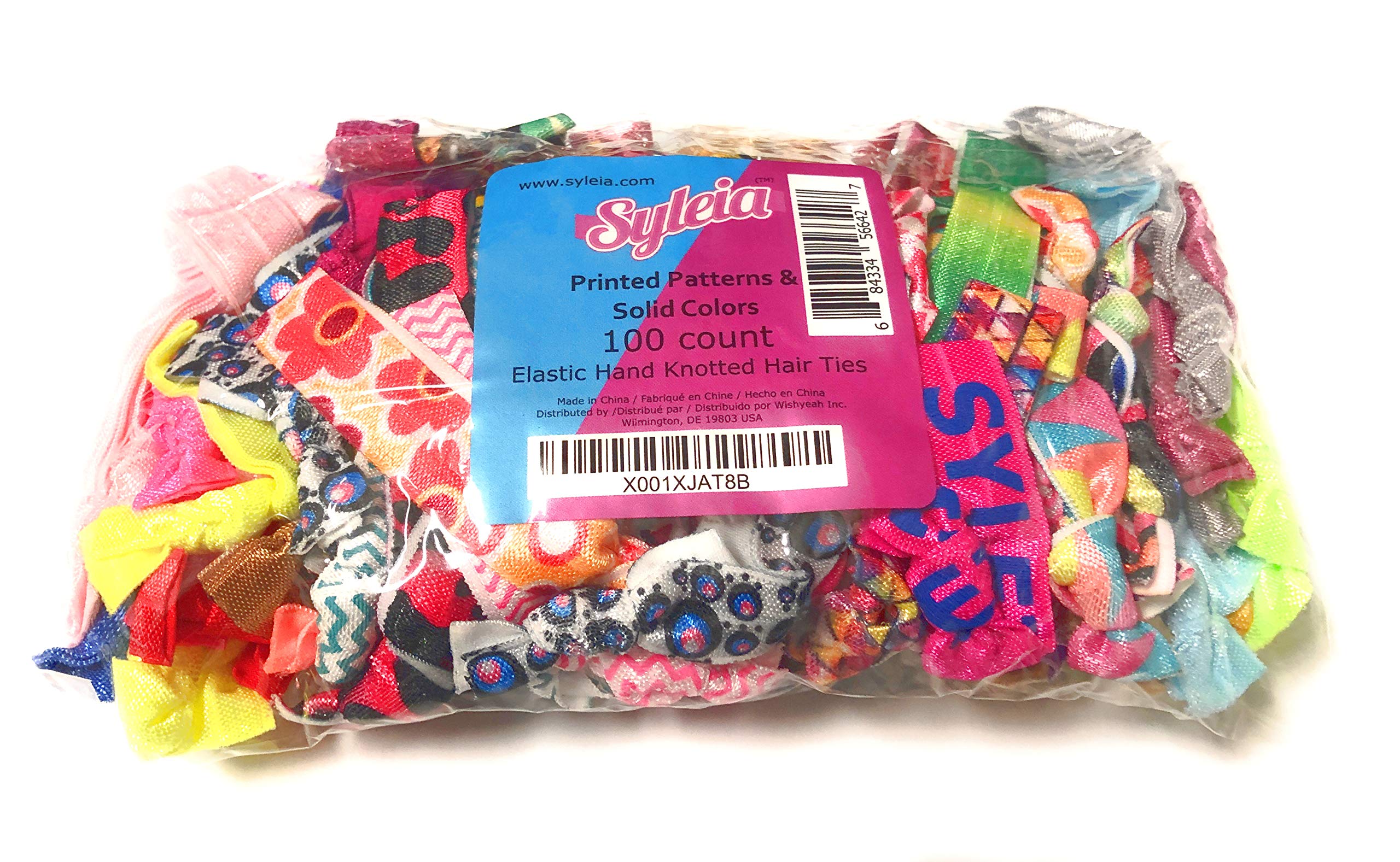 Syleia 100 Hair Ties - Printed Patterns And Solid Colors - Plus One Bonus Hair Tie - Elastic Ponytail Holders No Crease Hand Knotted Fold Over Assorted 100 Pack
