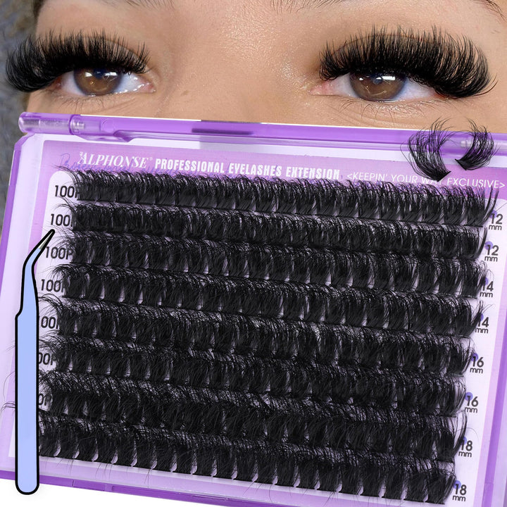 Fluffier Lash Clusters Kit 12-18mm Cluster Eyelash Extensions 100D Volume Individual Lashes Clusters Thick Lash Extension Kit 160pcs pestañas pelo a pelo with tweezers by ALPHONSE