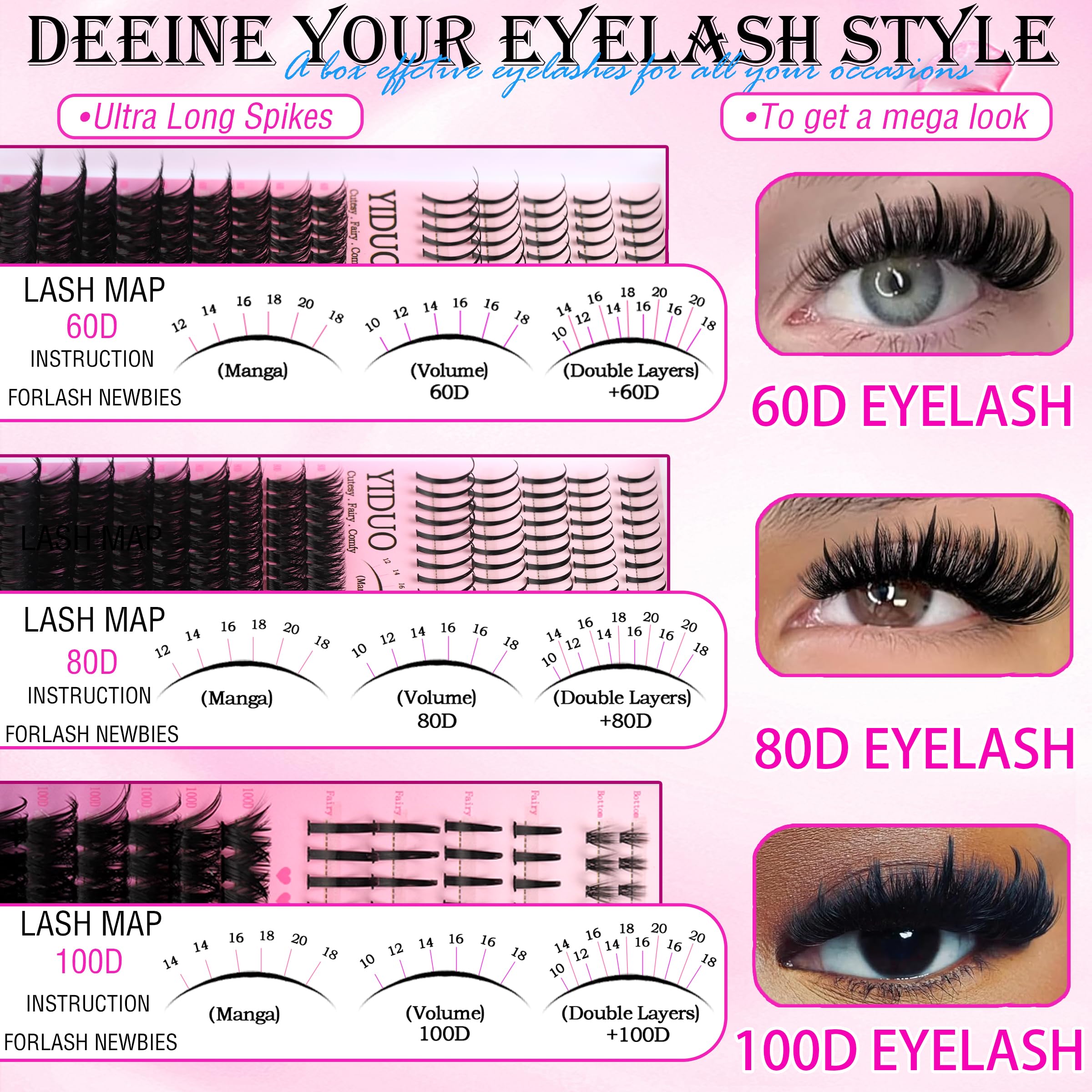 YIDUO Lashes Clusters Kit with Spikes Bottom Extensions False Eyelashes 816Pcs Bulk Packs with 2X Bond&Seal Volume D Curl Wispy Individual Fake Eyelash Wholesale Large Pack for Beginners Gift Choice