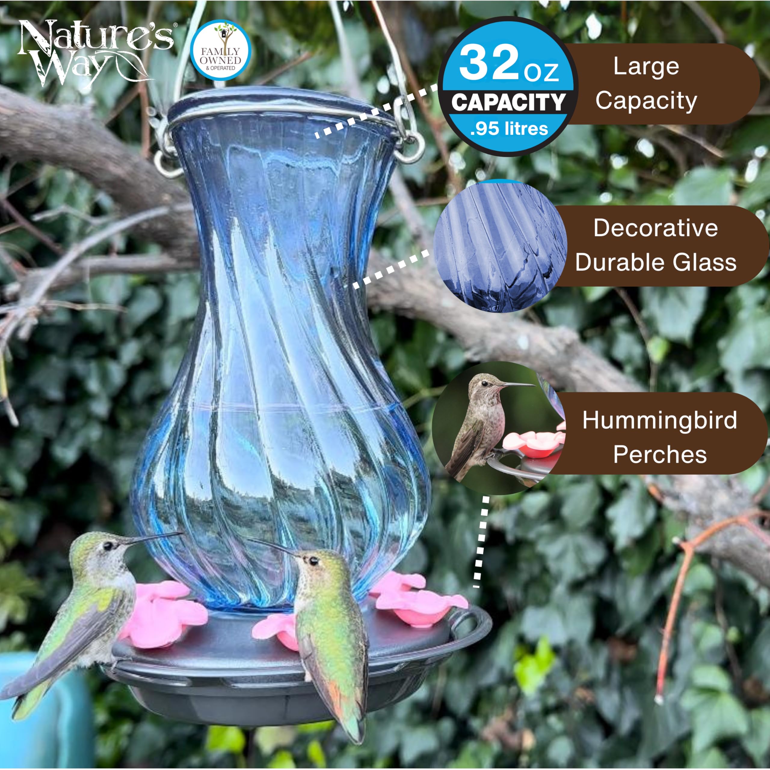 Nature's Way Hanging Glass Hummingbird Feeder for Outdoor Decor, 32 Ounce Capacity Nectar Feeder, 6 Easy to Clean Flexible Pink Ports, Blue