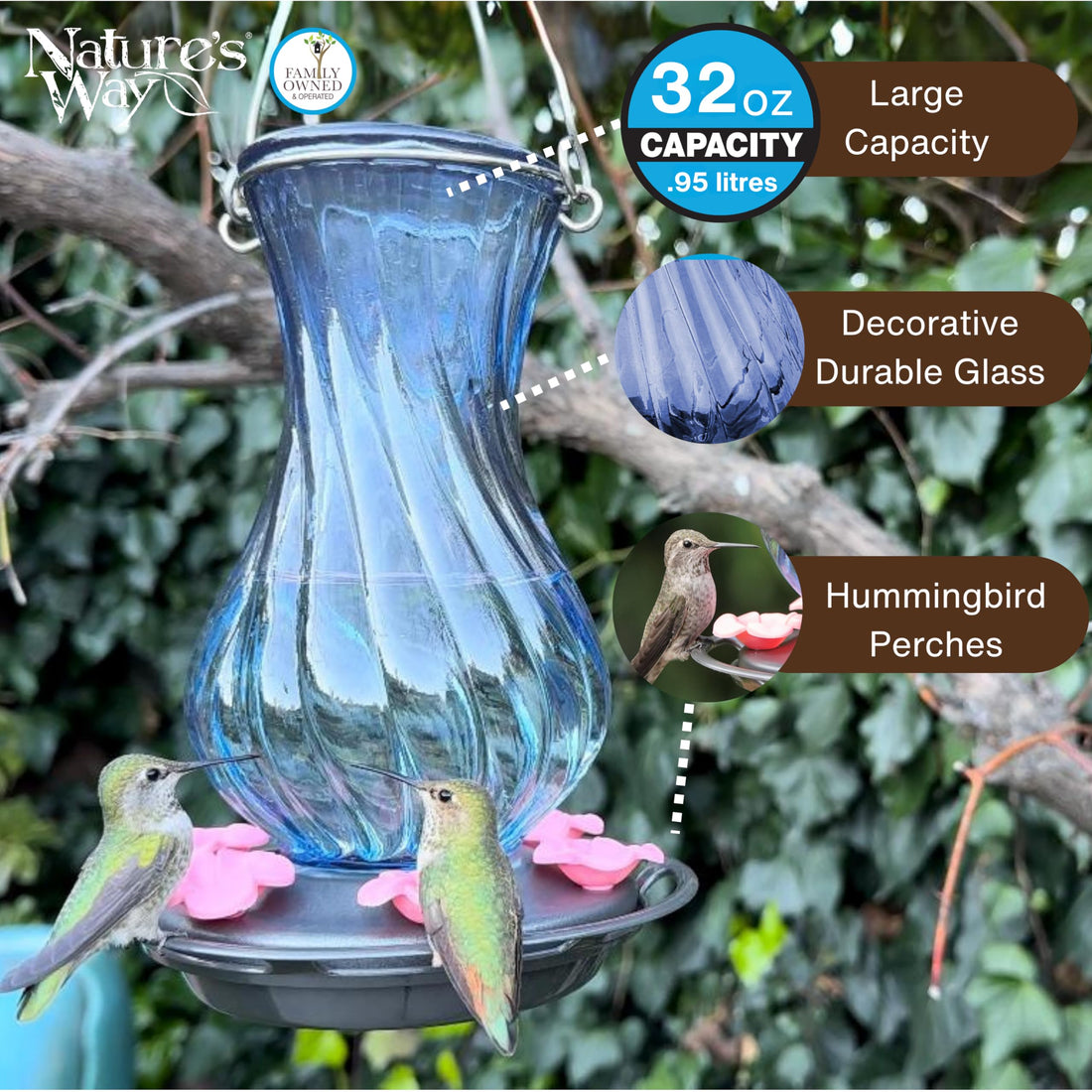 Nature's Way Hanging Glass Hummingbird Feeder for Outdoor Decor, 32 Ounce Capacity Nectar Feeder, 6 Easy to Clean Flexible Pink Ports, Blue