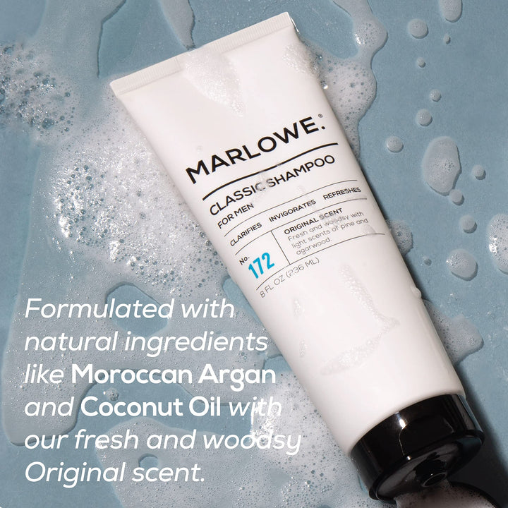MARLOWE. No.172 Classic Mens Shampoo, Clarifies, Invigorates and Refreshes Hair with Moisturizing Argan Oil & Coconut Oil, All Hair Types, Paraben & Phthalate Free, 8 Fl Oz