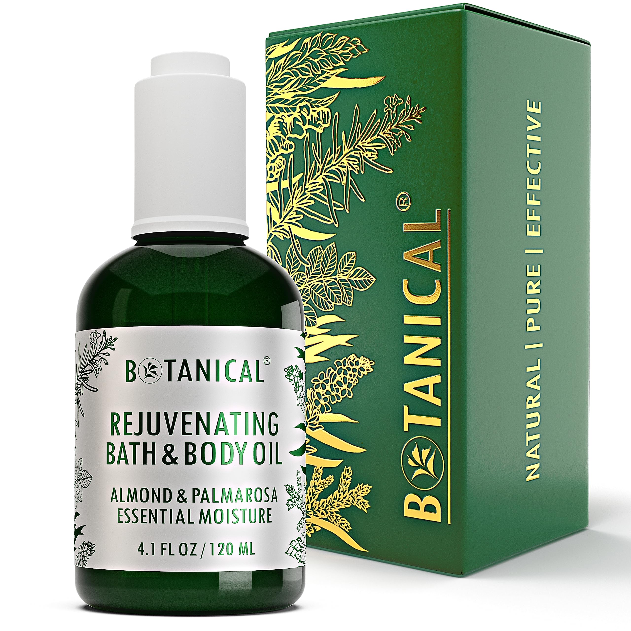 Botanical Bath & Body Oil | Rejuvenating Almond & Palmarosa | Organic, Pure, Natural Skincare (4.1 fl oz | 120 ml)