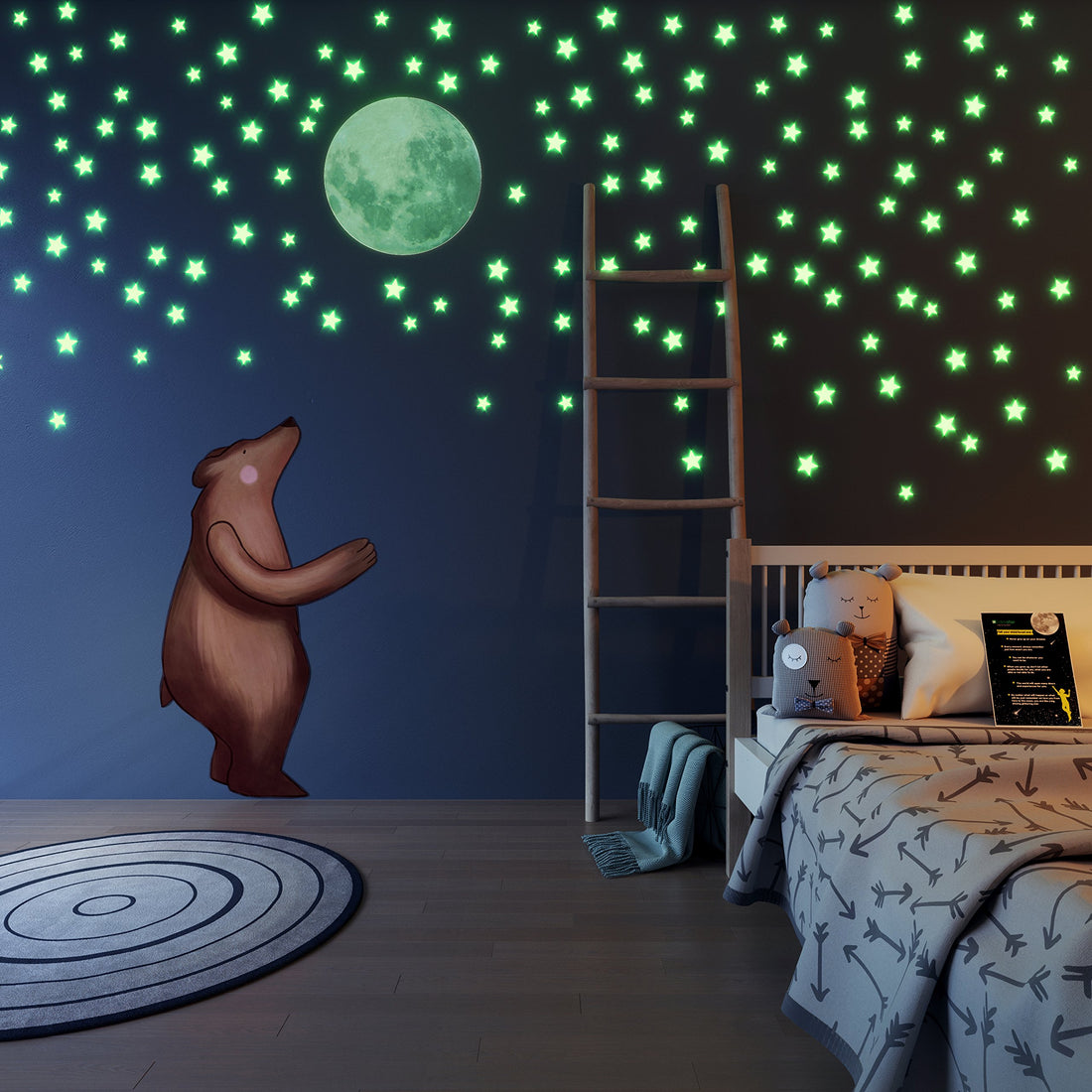 LIDERSTAR Vinyl Glow in The Dark Stars and Free Removable Full Moon, 220 Adhesive Glowing Star Beautiful Wall Stickers Decals for Bedroom Ceiling, Bonus Affirmation Card for Kids