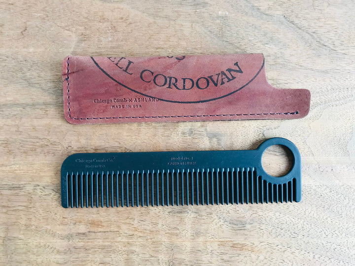 Chicago Comb Model 1 Carbon Fiber Comb + Horween Shell Cordovan Color No. 8 sheath, Made in USA, ultimate pocket & travel comb, ultra smooth strong & light, anti-static, premium American leather