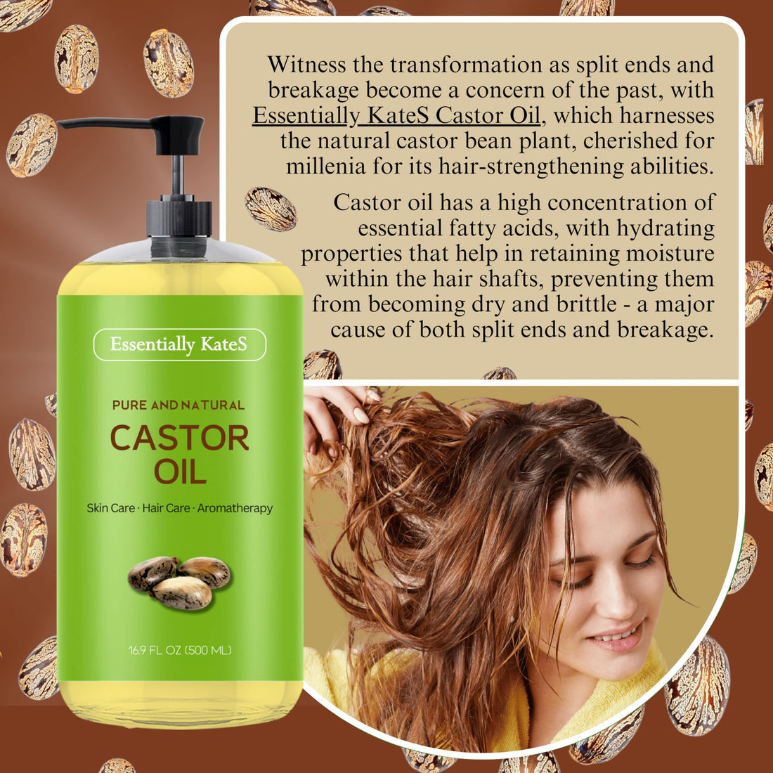 Essentially KateS Castor Oil 16.9 Fl Oz - 100% Pure and Natural, Cold Pressed, and Hexane-Free - Hair Care, Skin Care and Body Care