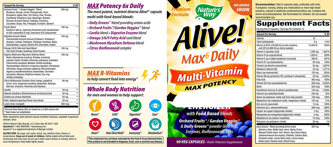 Nature's Way, Alive! Max6 Dailiy, Multi-Vitamin, Max Potency, 90 Veg Caps