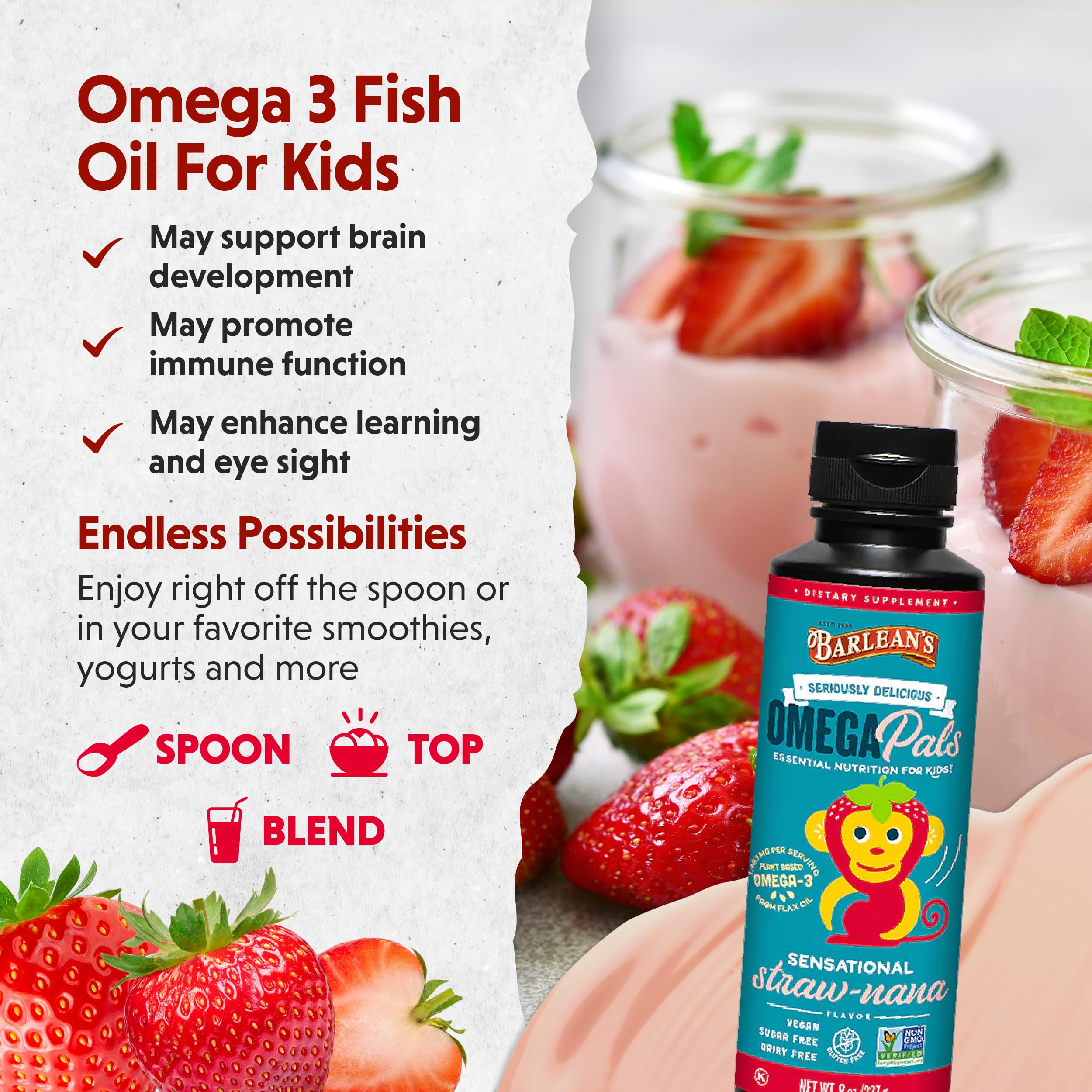 Barlean's Omega Pals Omega 3 for Kids, Yummy Straw-Nana Flavored Children's Liquid Flax Seed Oil Supplement with 1,483 mg ALA, Non-GMO, Vegan Brain and Eye Health, 8 oz