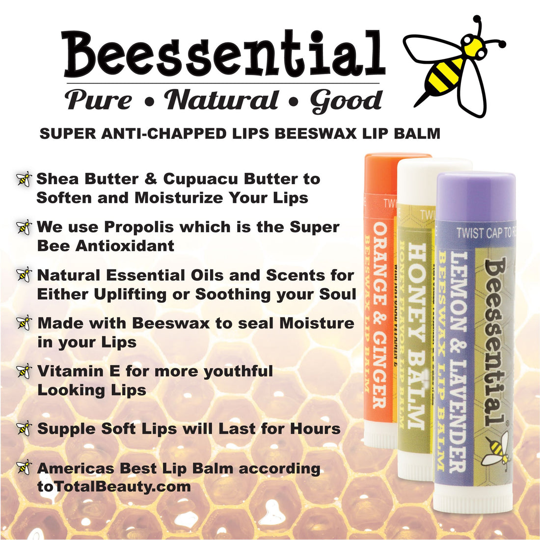 Beessential All Natural Peppermint Lip Balm (Buzz Balm) 2 pack – Heals and Prevents Dry and Chapped Lips – Great for Men, Women, and Children – Moisturizing Beeswax, Coconut, Shea and Cupuacu Butter