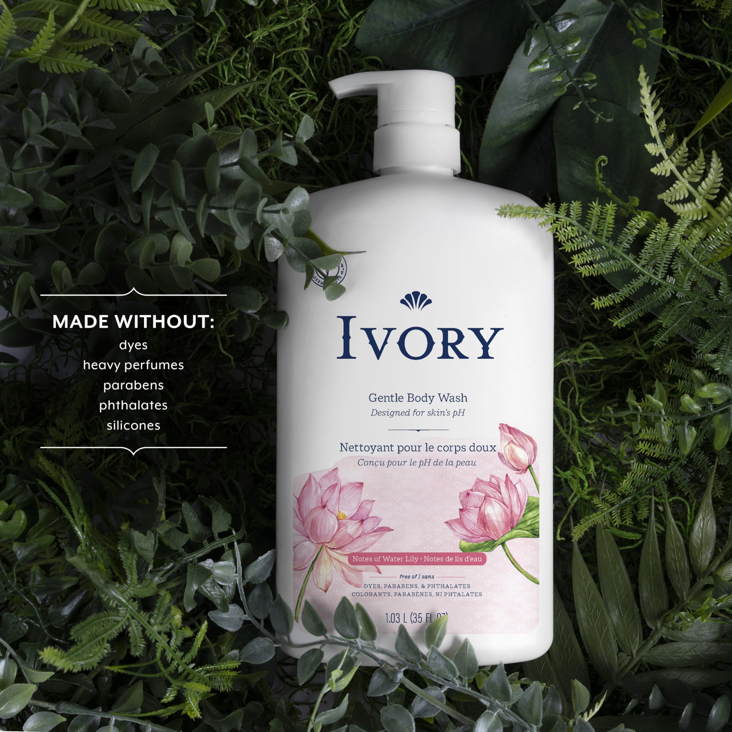 Ivory Body Wash, Designed for the Whole Family, Gentle Formula, Free of Dyes Heavy Perfumes Parabens Phthalates & Silicones, Water Lily Scent, 35 oz