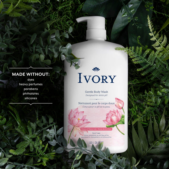 Ivory Body Wash, Designed for the Whole Family, Gentle Formula, Free of Dyes Heavy Perfumes Parabens Phthalates & Silicones, Water Lily Scent, 35 oz