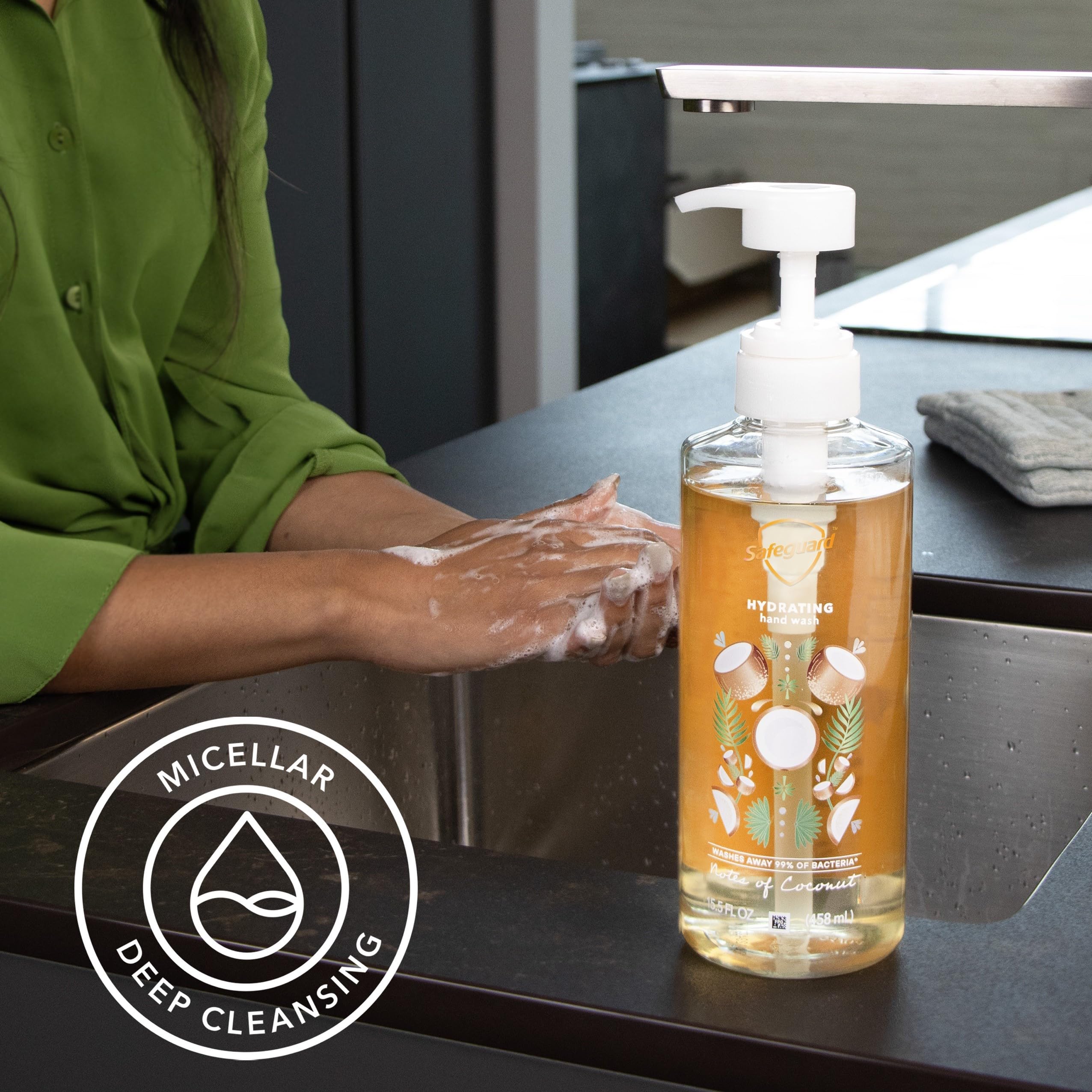 Safeguard Liquid Hand Soap, Micellar Deep Cleansing, Washes Away 99% Bacteria, Made with Natural Moisturizers, Enriched with Skin Conditioners, PH Balanced, Coconut Scent 15.5 oz