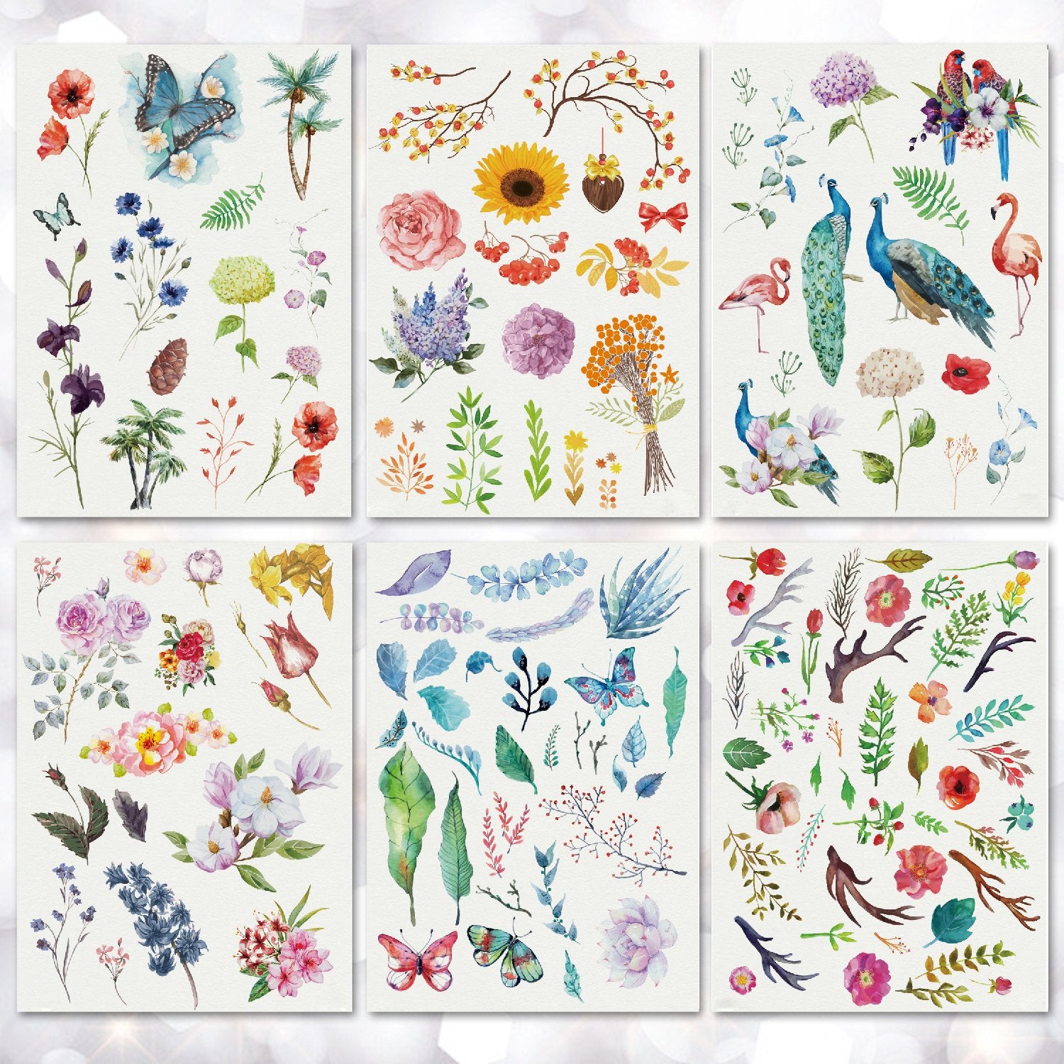 Leoars 6 Sheets Large Waterproof Temporary Tattoo Sticker Leaves Flowers Peacock Pattern Tattoo Water Transfer Body Art Fake Tattoo for Women Men Teens
