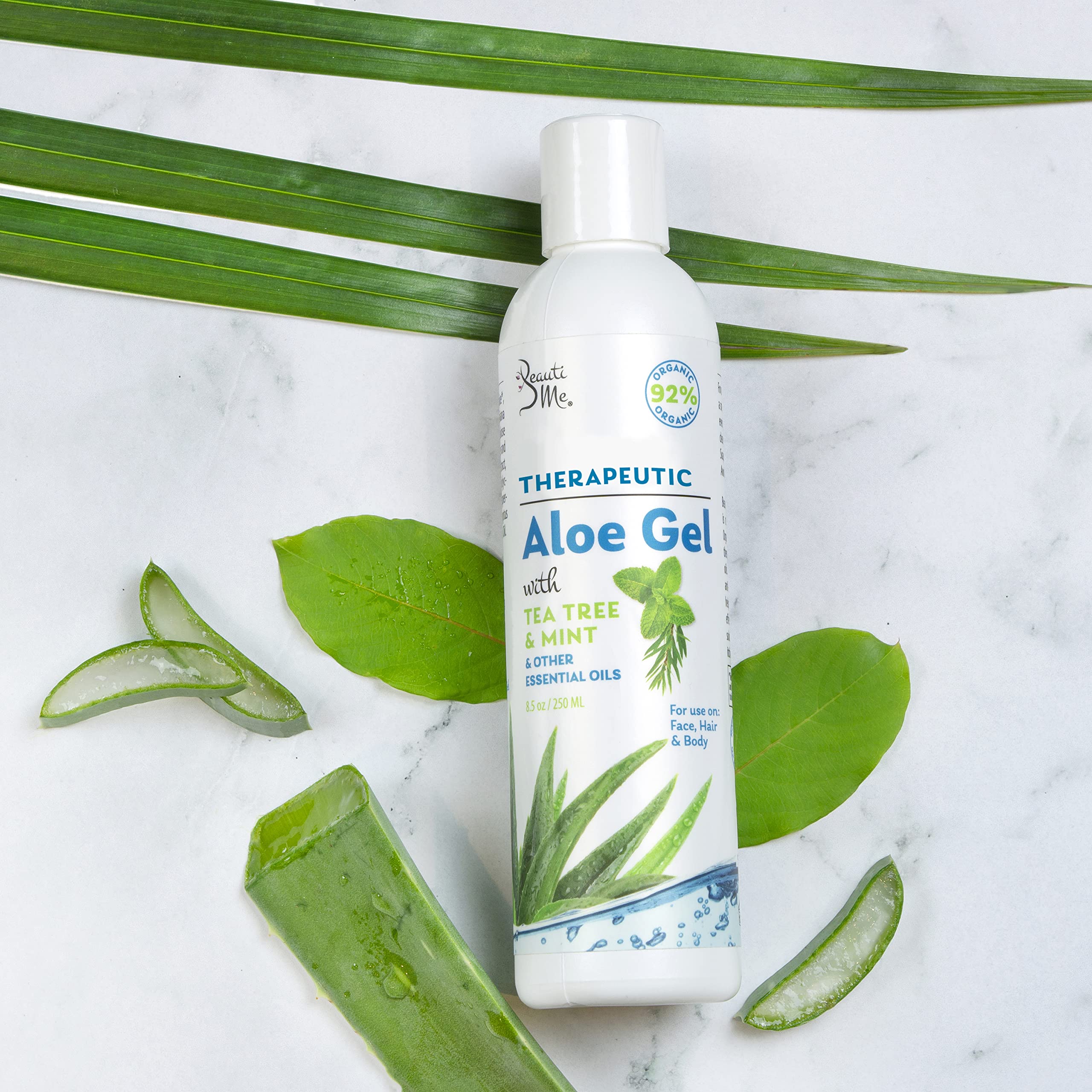 Beauti Me Organic Aloe Vera Gel for Face, Skin, Hair, Sunburn Relief, Infused with Therapeutic Tea Tree and Mint - 8.5 oz