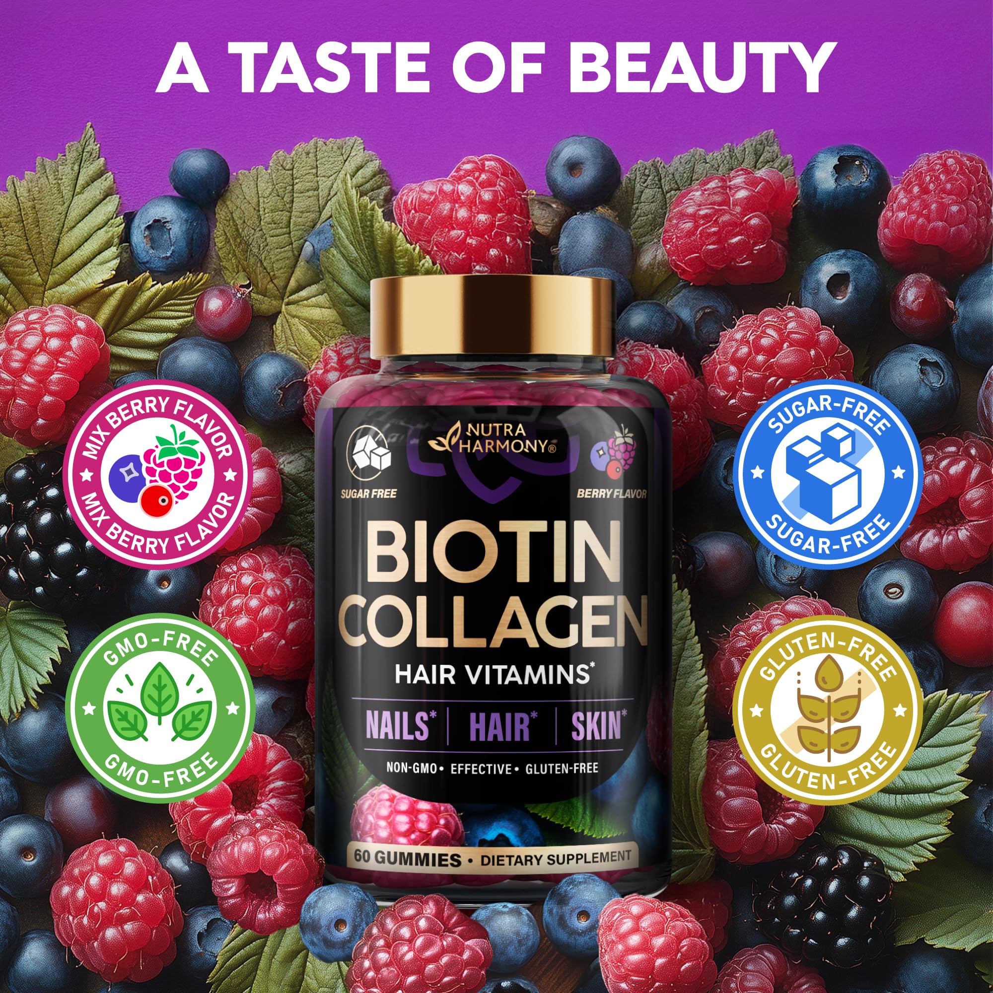 Biotin 10,000mcg & Collagen 150 mg Gummies - Hair Growth Support, Skin & Nail Strength - for Women & Men - Keratin | Hyaluronic Acid | B-Complex | Saw Palmetto - Sugar-Free, Berry Flavor - 60 Gummies
