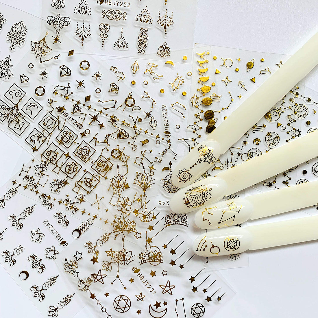 NAIL ANGEL 24 Sheets Nail Art Adhesive Gold Color Sticker Sheets Moon Star Universal Flower Shapes Sticker Sheets Nail Art Deco 10057