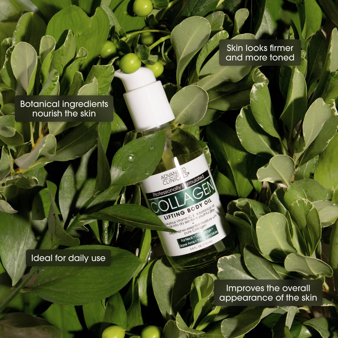 Advanced Clinicals Firming Collagen Body Oil Skin Care Moisturizer | Massage Body Oil | Tighten, Firm, & Hydrate Collagen Oil For Scars, Wrinkles, Crepey Skin, & Stretch Marks, 3.8 Fl Oz