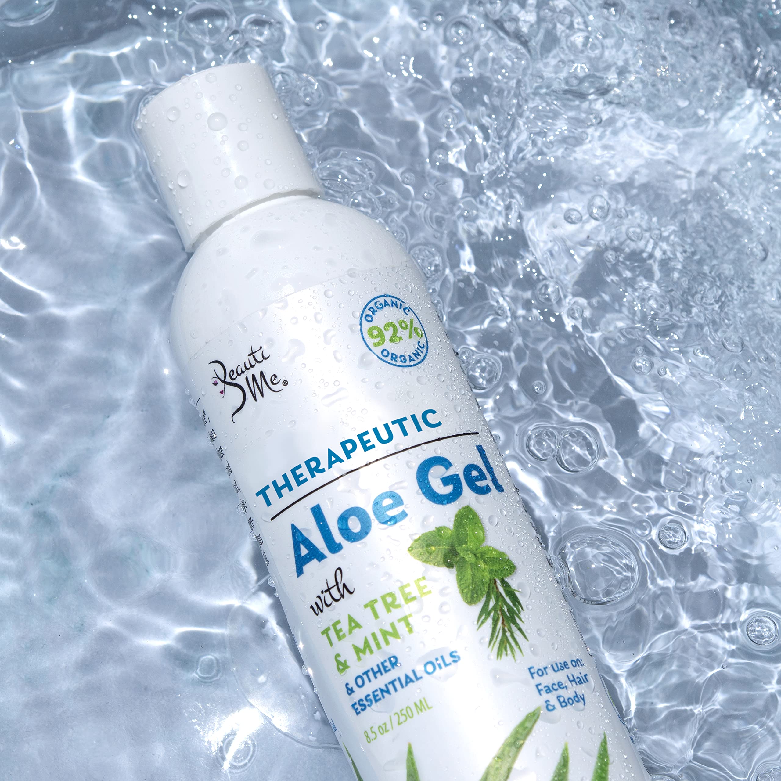 Beauti Me Organic Aloe Vera Gel for Face, Skin, Hair, Sunburn Relief, Infused with Therapeutic Tea Tree and Mint - 8.5 oz