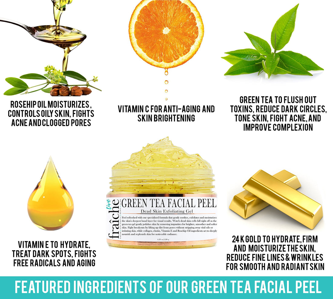 Live Fraiche 24k Gold Brightening Facial Peeling Gel Green Tea - 4.23oz -Secret Cure to Clogged Pores -Gentle Deep Exfoliator Key to Remove Dead Skin & Dirt for forever flawless clearer younger skin