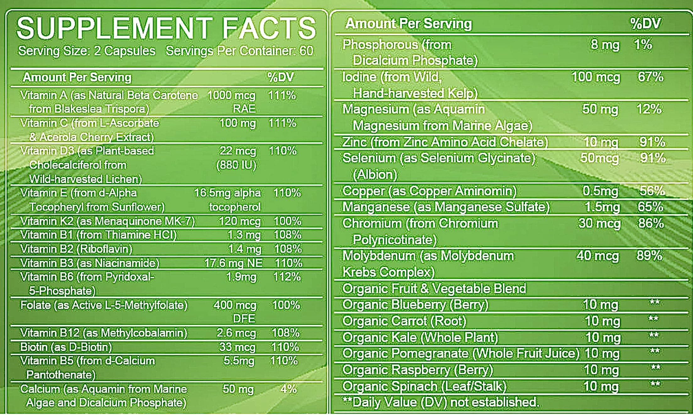 All Natural Multivitamins & Minerals + B Complex + Calcium + Magnesium + Zinc, 100% Vegan Sourced Whole Food Supplement, Complete Nutritional Support for Men & Women- 120 Capsules, 60 Day Supply