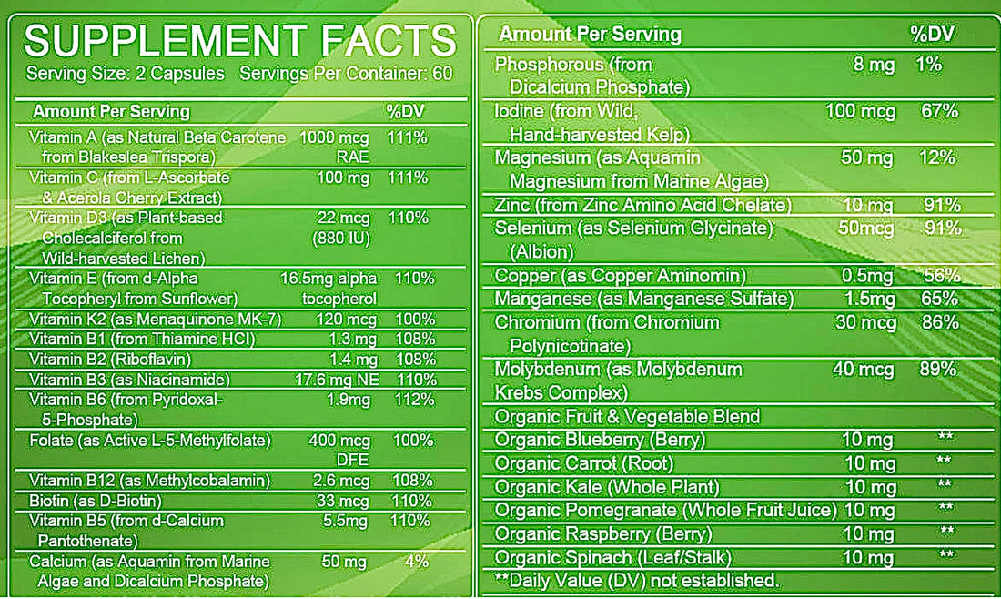 All Natural Multivitamins & Minerals + B Complex + Calcium + Magnesium + Zinc, 100% Vegan Sourced Whole Food Supplement, Complete Nutritional Support for Men & Women- 120 Capsules, 60 Day Supply