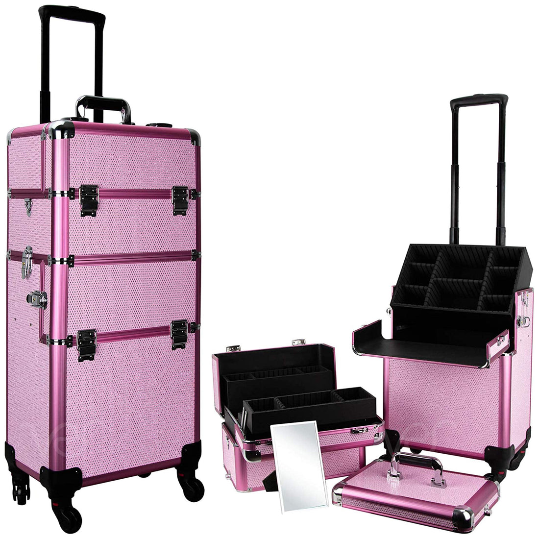 Ver Beauty 360 degreed wheels 2-in- 1 professional artist rolling trolley aluminum cosmetic organizer makeup train case, Pink Krystal