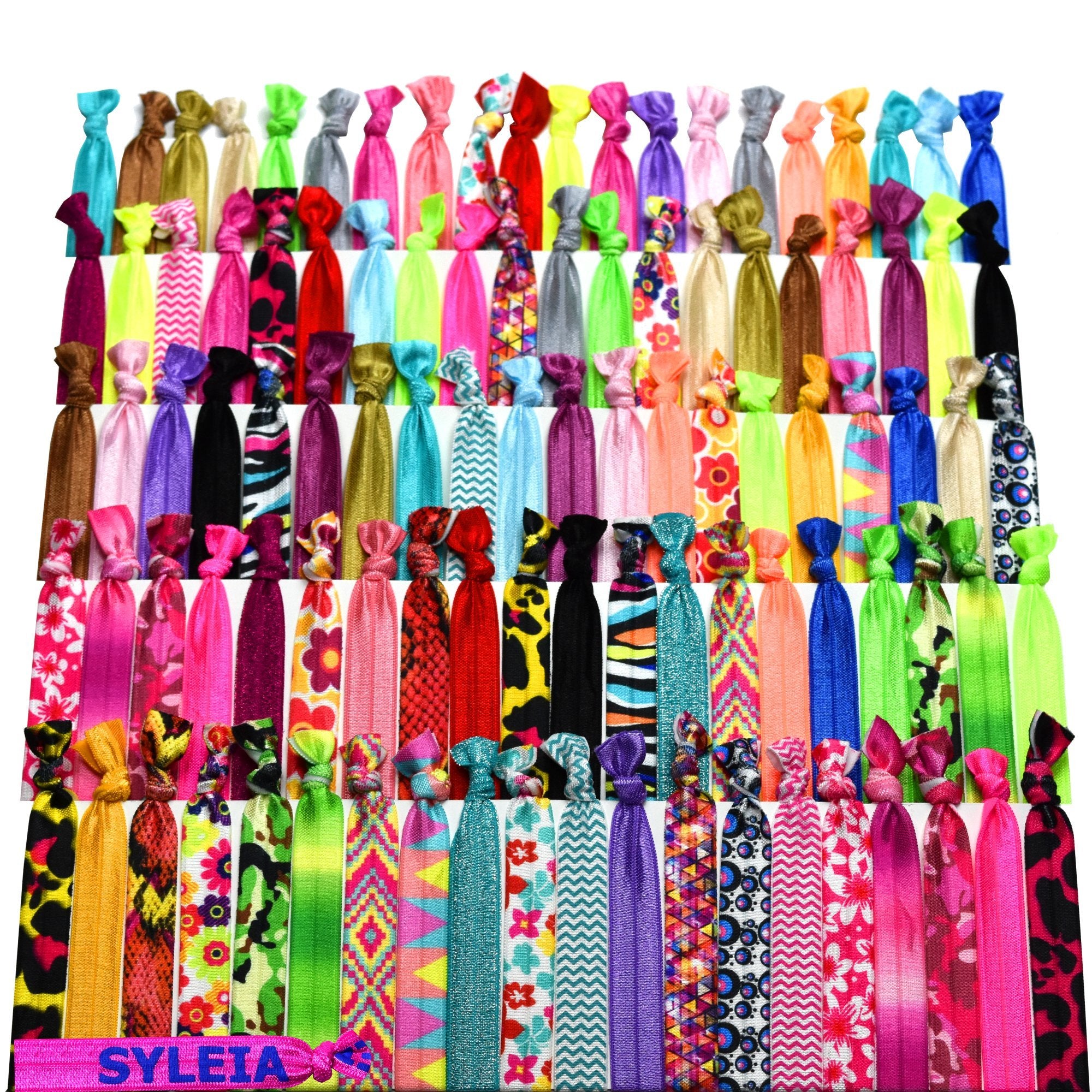 Syleia 100 Hair Ties - Printed Patterns And Solid Colors - Plus One Bonus Hair Tie - Elastic Ponytail Holders No Crease Hand Knotted Fold Over Assorted 100 Pack