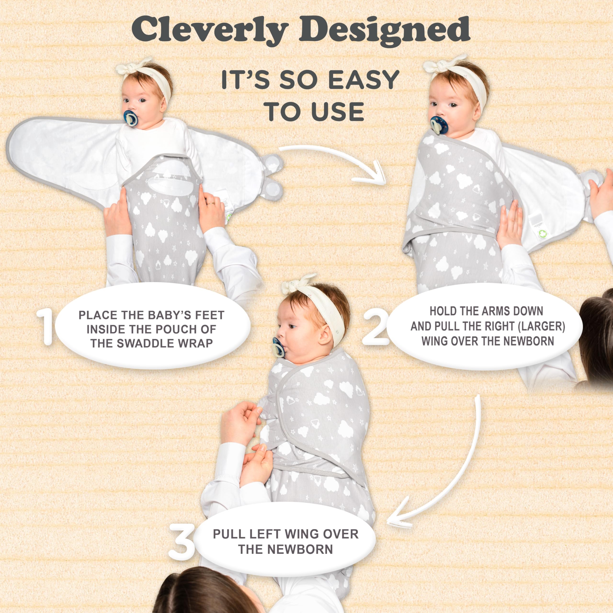 Bublo Baby Swaddles for Newborns - 3 Pack Organic Baby Swaddles for 0-3 Months - Baby Swaddle Sleep Sack - Infant Sleeping Swaddle Sack - Adjustable Swaddle Blanket Wrap Boy Girl (White Grey)