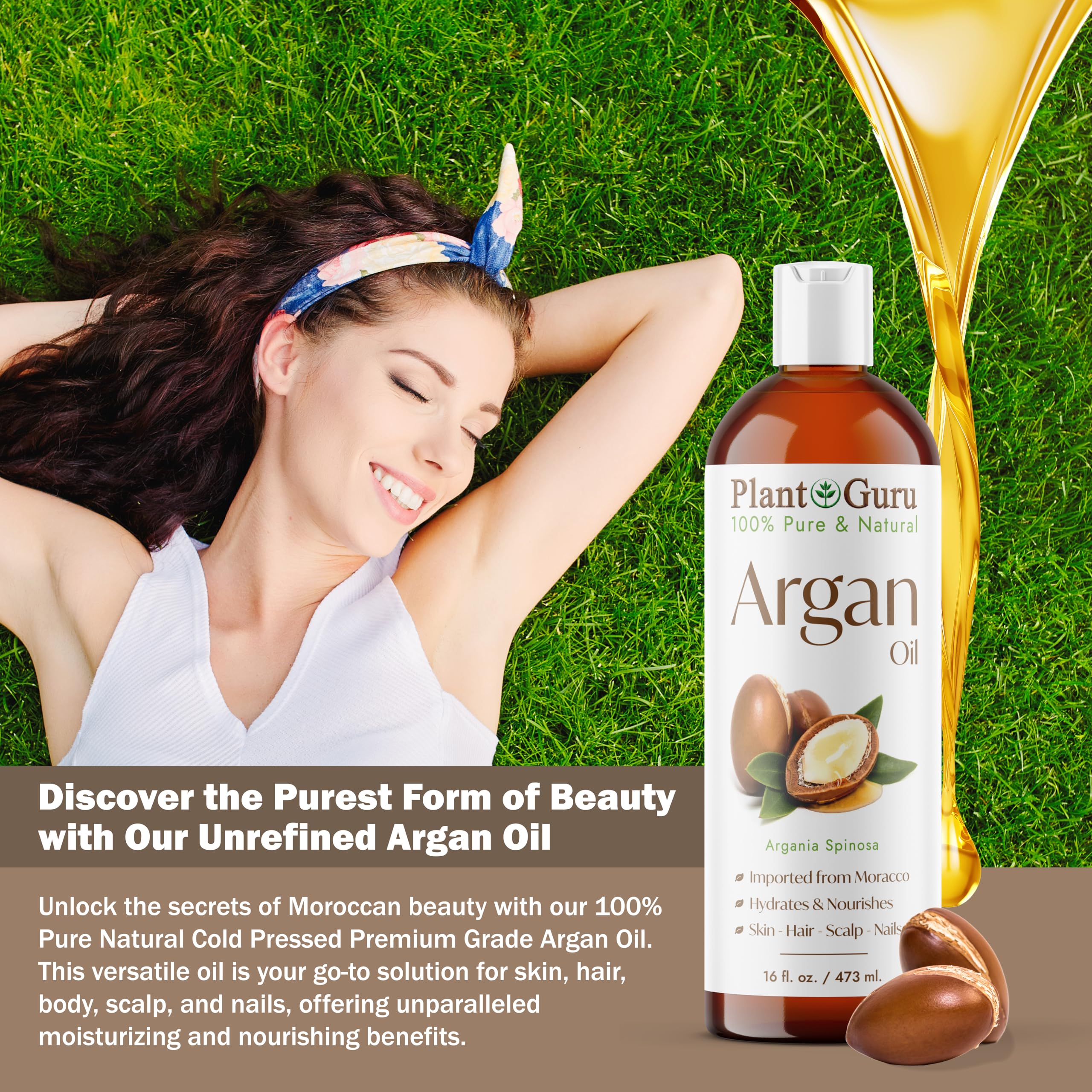 Argan Oil 16 fl. oz. Morocco Virgin, Cold Pressed 100% Pure Natural - Stimulates Hair Growth, Skin, Face And Body Moisturizer.