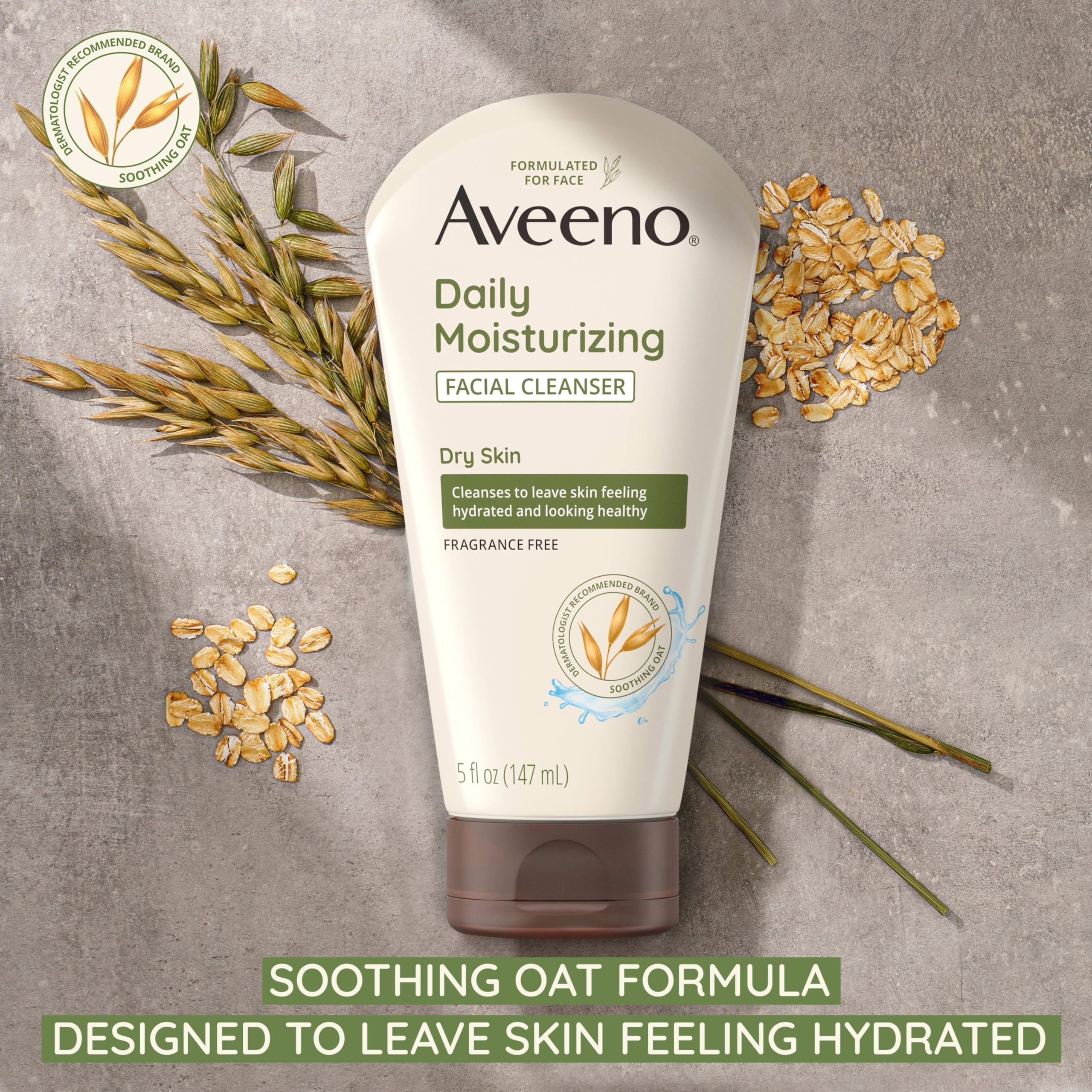 Aveeno Daily Moisturizing Facial Cleanser for Dry Skin, Hydrating Acne Face Wash with Soothing Oat for soft & Supple Skin, Free of Parabens, Sulfates, Fragrance, Dyes & Soaps, 5 fl. oz, 3 Pack