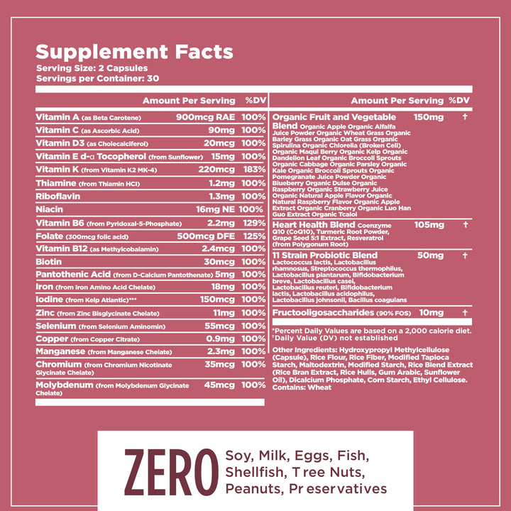 Nuvana Multifood Whole Food Multivitamin for Women | 21 Organic Fruits & Vegtables | Tumeric Boosts Energy, Supports Gut & Immune Health | Prebiotics & Probiotics | 60 Capsules