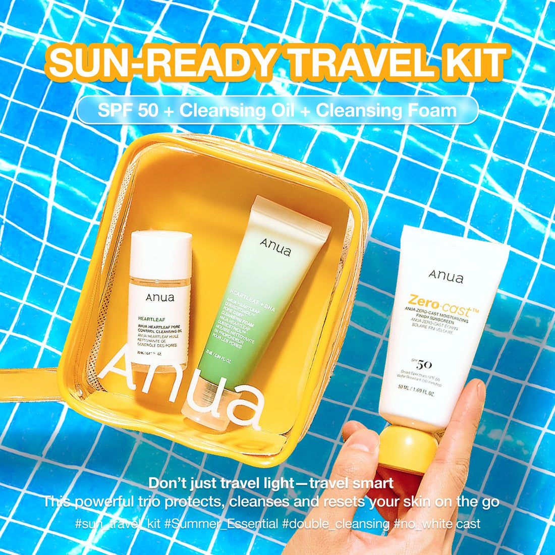 Anua Sun-Ready Travel Kit, Zero-Cast Sunscreen & Cleansing oil & Face Wash. Korean Sunscreen with Mini Size Double Cleansing routine ,Korean Skincare Set