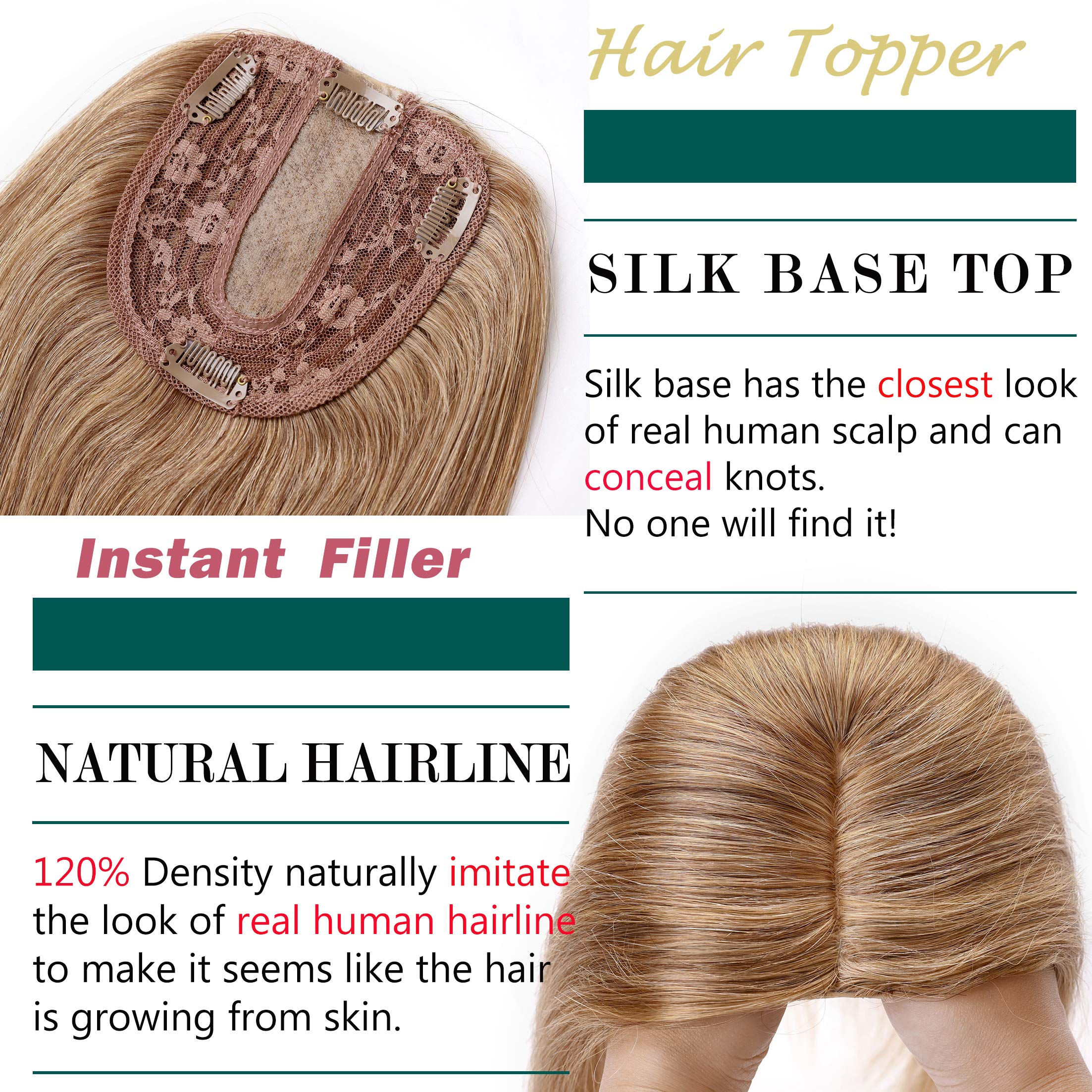 S-noilite 6 Clip in Hair Topper Human Hair 130% Density Silk Base Crown Top Hairpieces Hand Tied Hair Toupee Wiglet For Women with Thinning Hair Add Hair Volume 27g #27 Dark Blonde