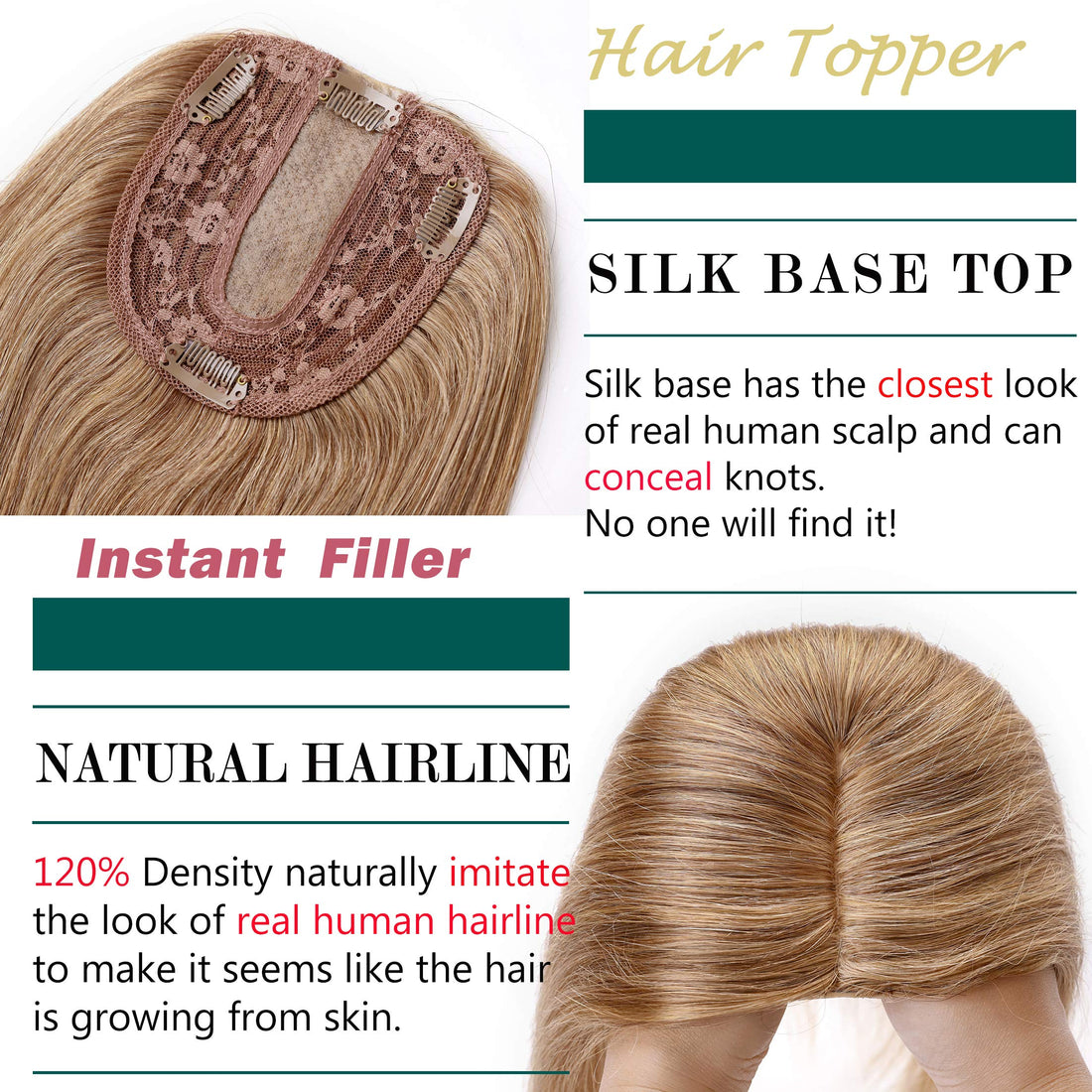 S-noilite 6 Clip in Hair Topper Human Hair 130% Density Silk Base Crown Top Hairpieces Hand Tied Hair Toupee Wiglet For Women with Thinning Hair Add Hair Volume 27g #27 Dark Blonde