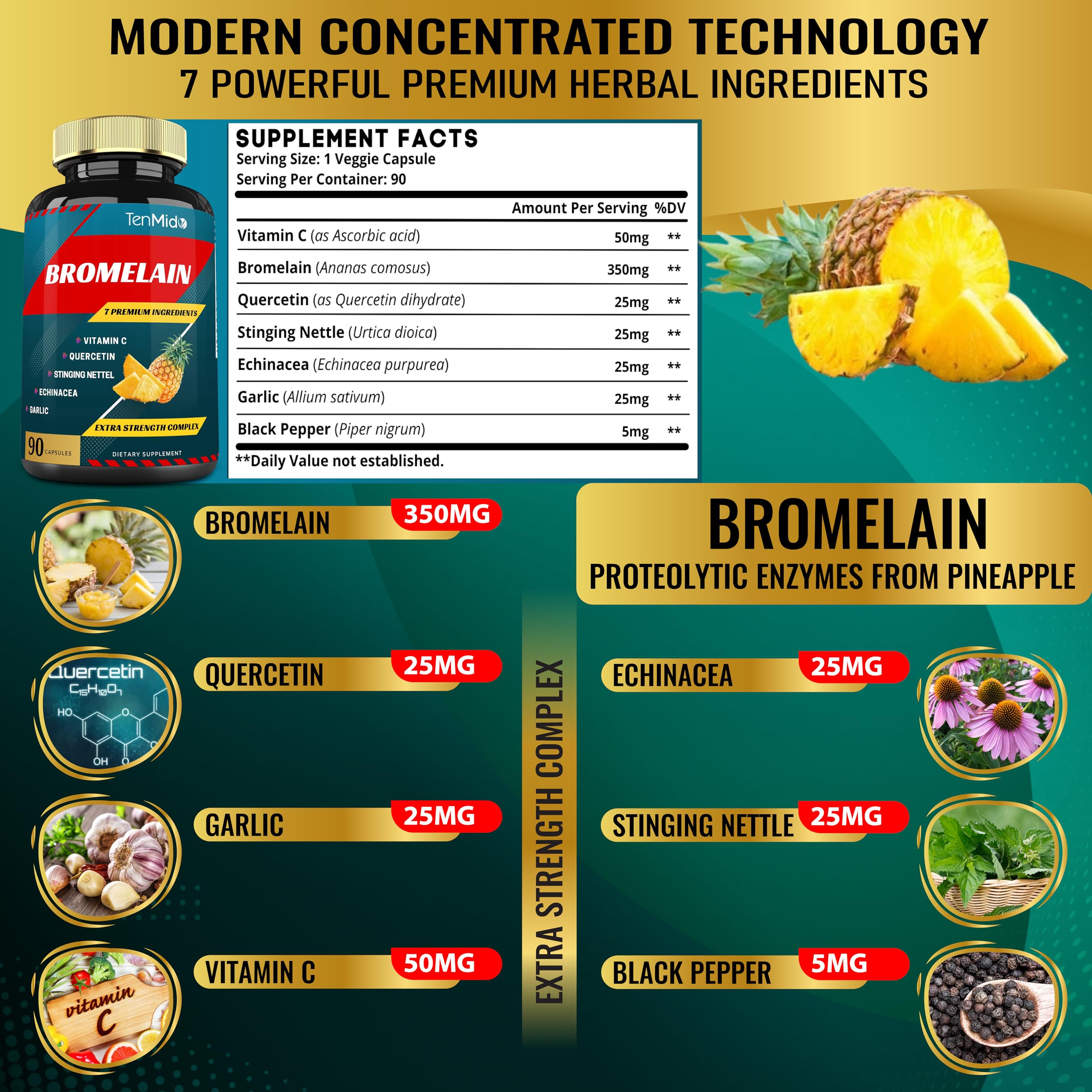 Tenmido Bromelain Extract Capsules, Proteolytic Enzymes & VitC, Quercetin, Echinacea, Garlic, Pepper - Supports Digestion Health, Nutrient Absorption - 90caps, 3Months Supply