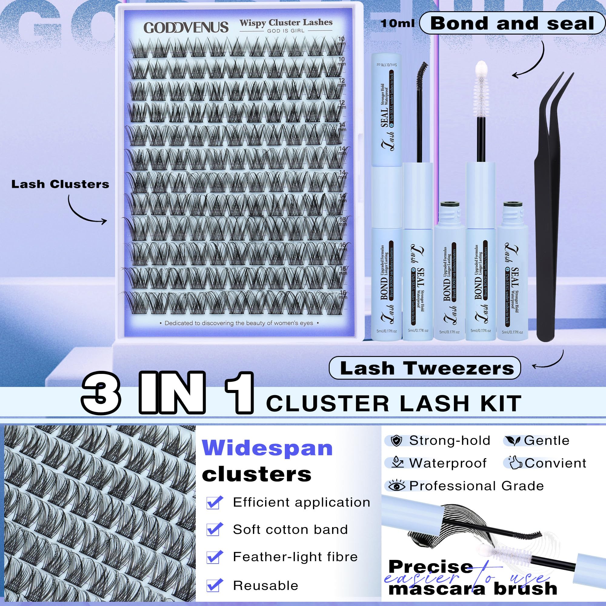 Natural Lash Clusters Kit for DIY Lash Extension 3 in 1 Eyelash Clusters Kit Wispy Individual Lashes C Curl Cluster Eyelash Extensions kit with 132pcs10-16mm