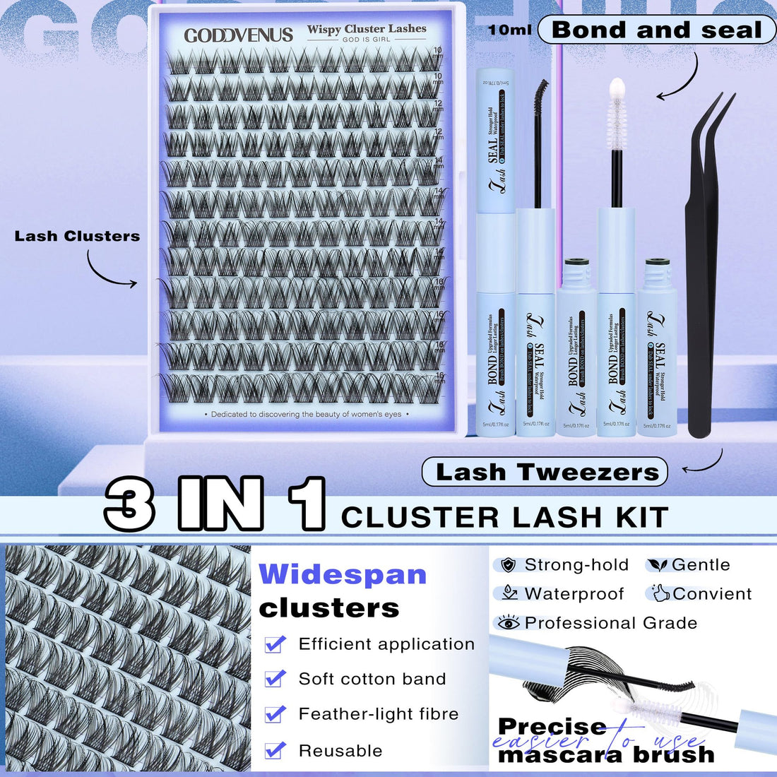 Natural Lash Clusters Kit for DIY Lash Extension 3 in 1 Eyelash Clusters Kit Wispy Individual Lashes C Curl Cluster Eyelash Extensions kit with 132pcs10-16mm