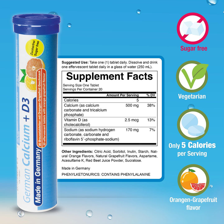 German Calcium + VIT. D - 100 Vegetarian Drink Effervescent Tablets - Orange-Grapefruit Flavor - Made in Germany