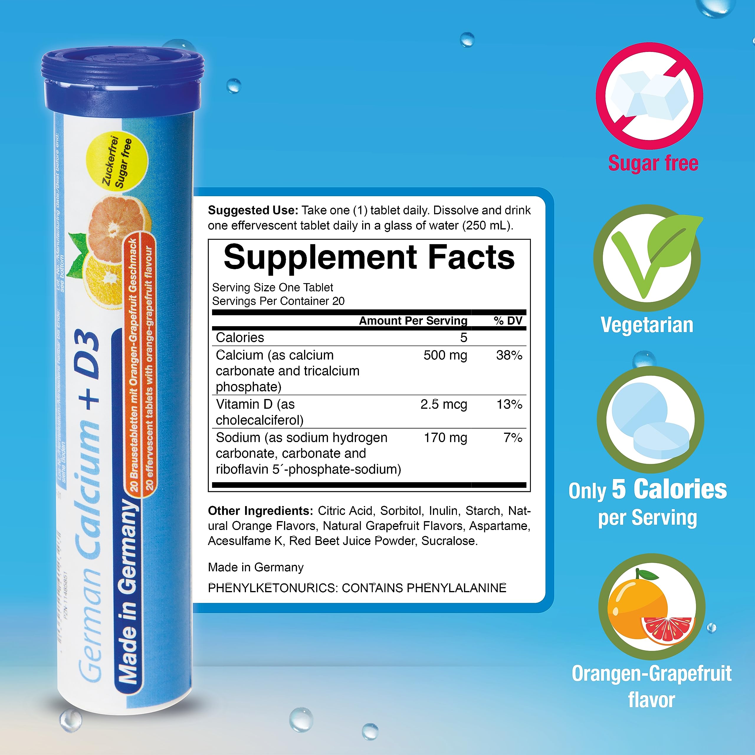 German Calcium + VIT. D - 40 Vegetarian Drink Effervescent Tablets - Orange-Grapefruit Flavor - Made in Germany