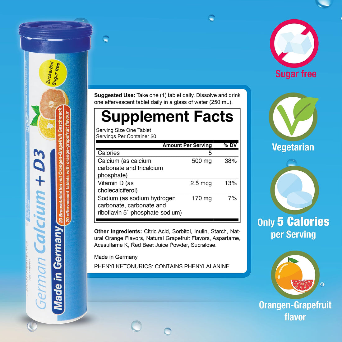 German Calcium + VIT. D - 40 Vegetarian Drink Effervescent Tablets - Orange-Grapefruit Flavor - Made in Germany