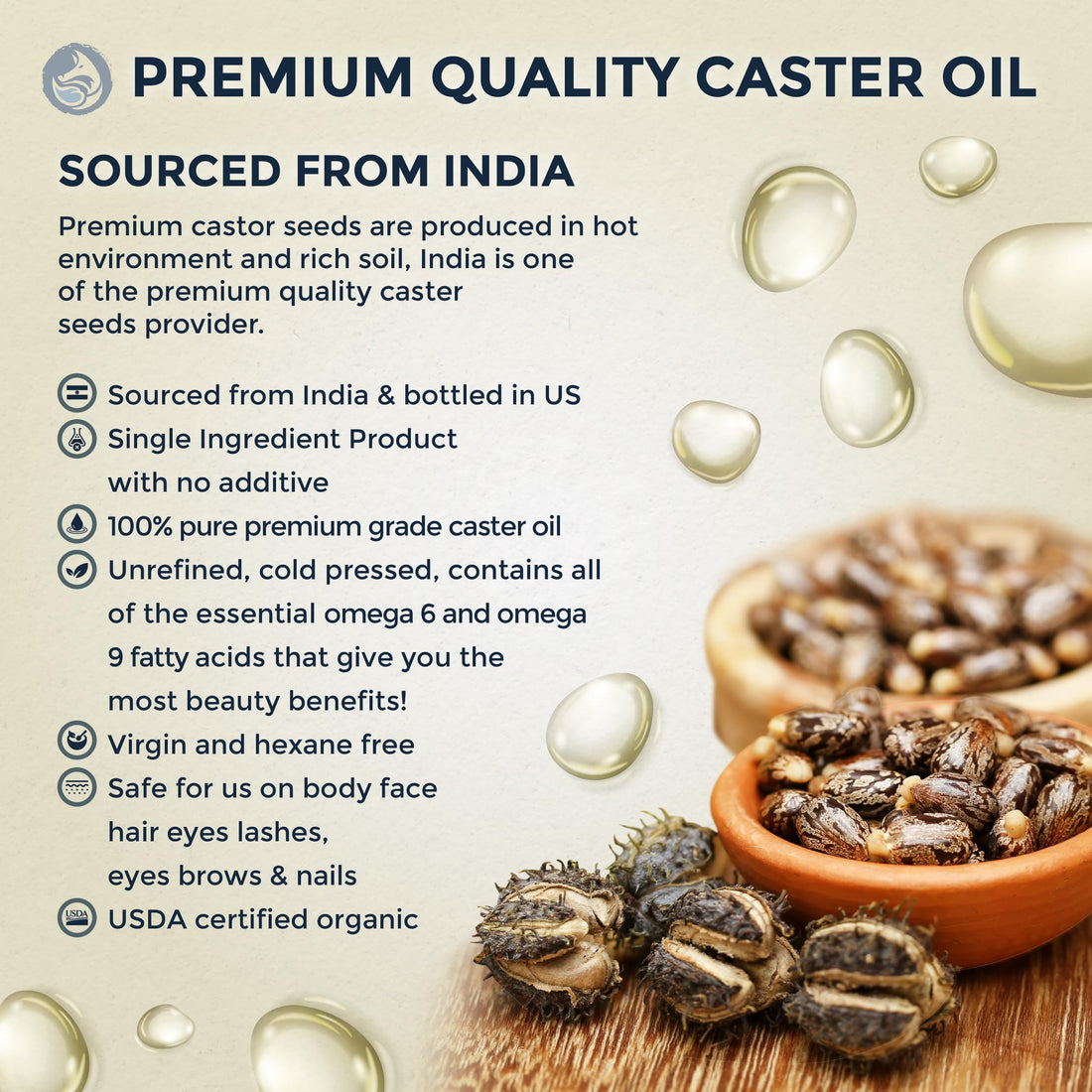 Foxbrim Organic Castor Oil - 4oz - 100% Pure - Hexane Free - Incredible Benefits For Hair, Skin, Eyelashes, Eyebrows& Nails